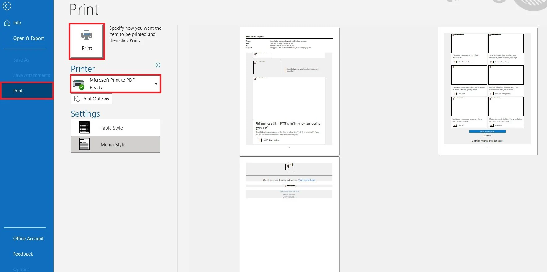 microsoft outlook print to pdf