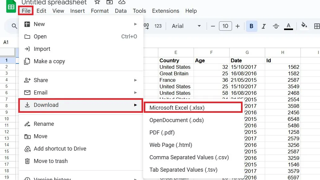 download xls as xlsx using google sheets