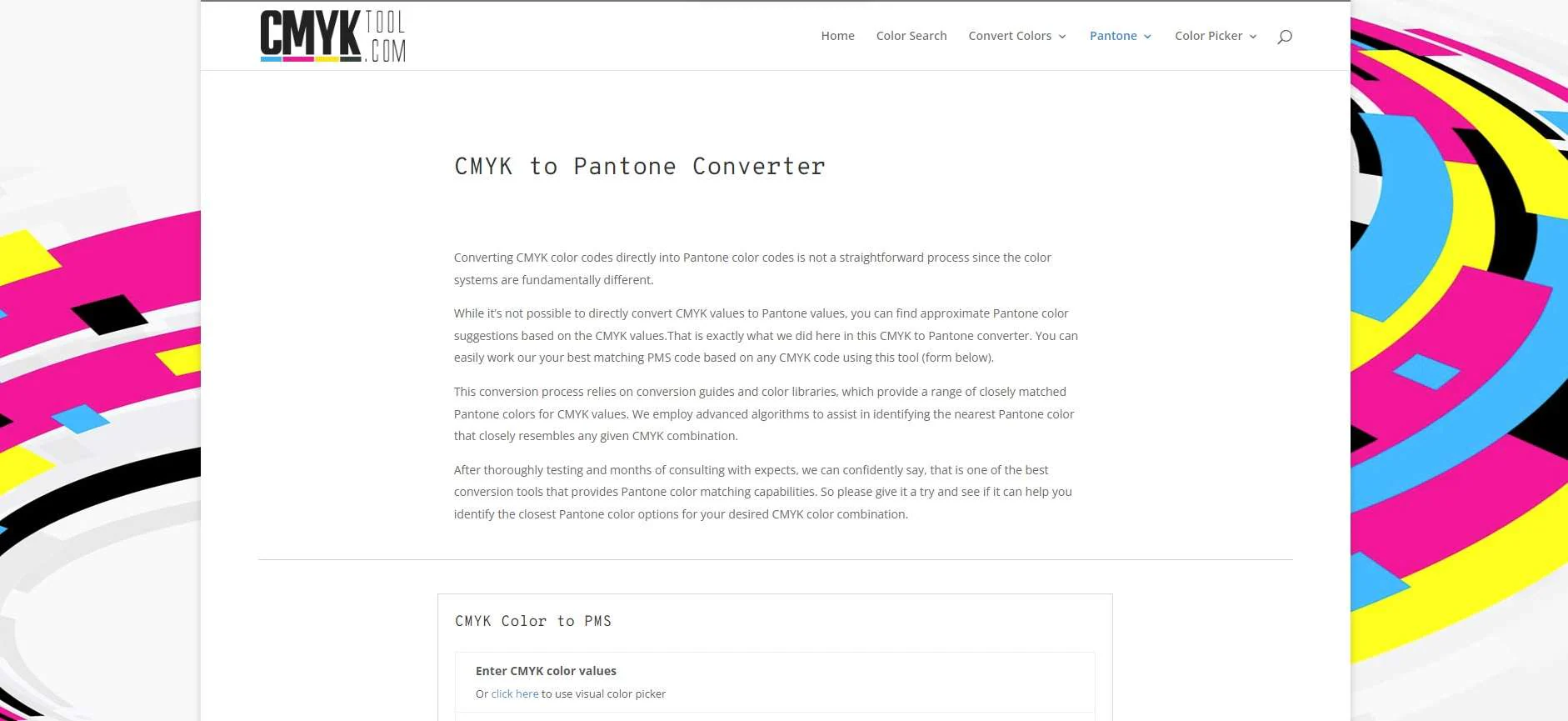 cmyktool convertitore di colori da cmyk a pantone