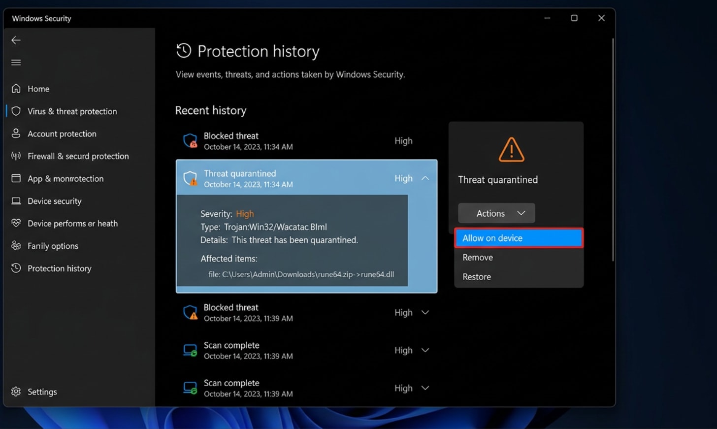 windows security protection history page showing quarantined rune64.dll file with actions dropdown