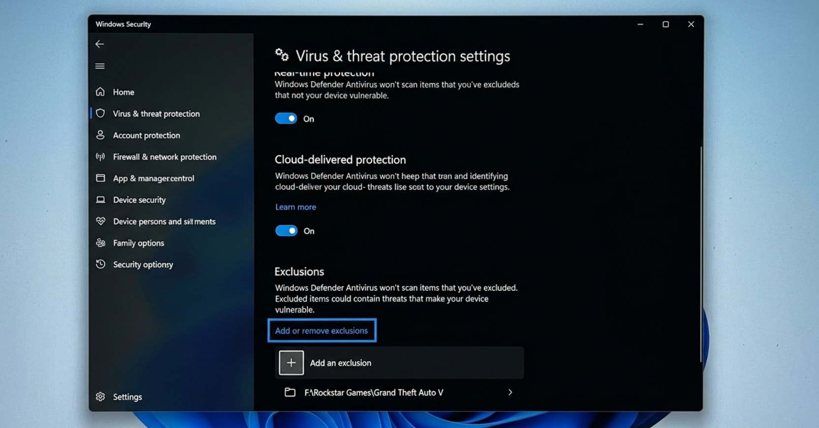 windows defender add or remove exclusions page showing gta 5 folder being added as exclusion