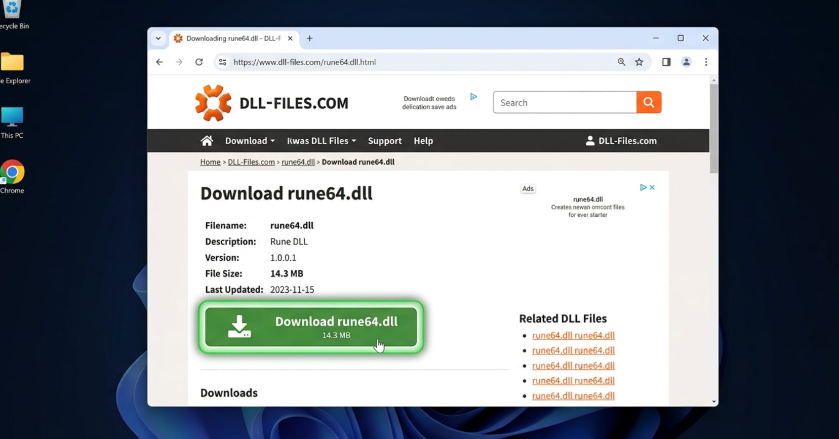 browser showing rune64.dll download link page with download button highlighted
