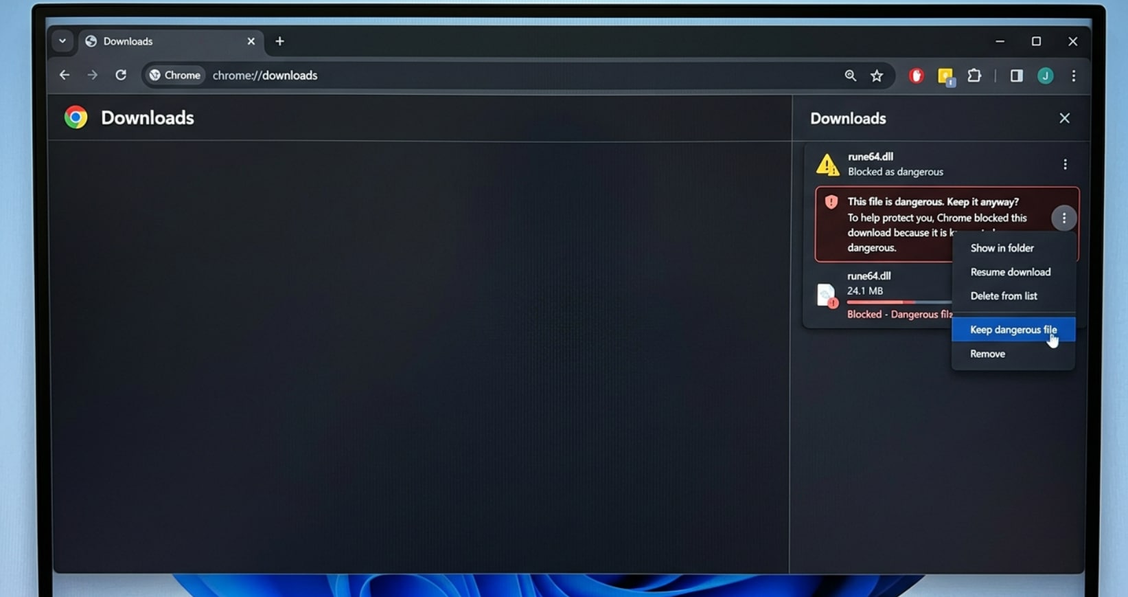 chrome browser downloads panel showing rune64.dll with three-dot menu and Download dangerous file option
