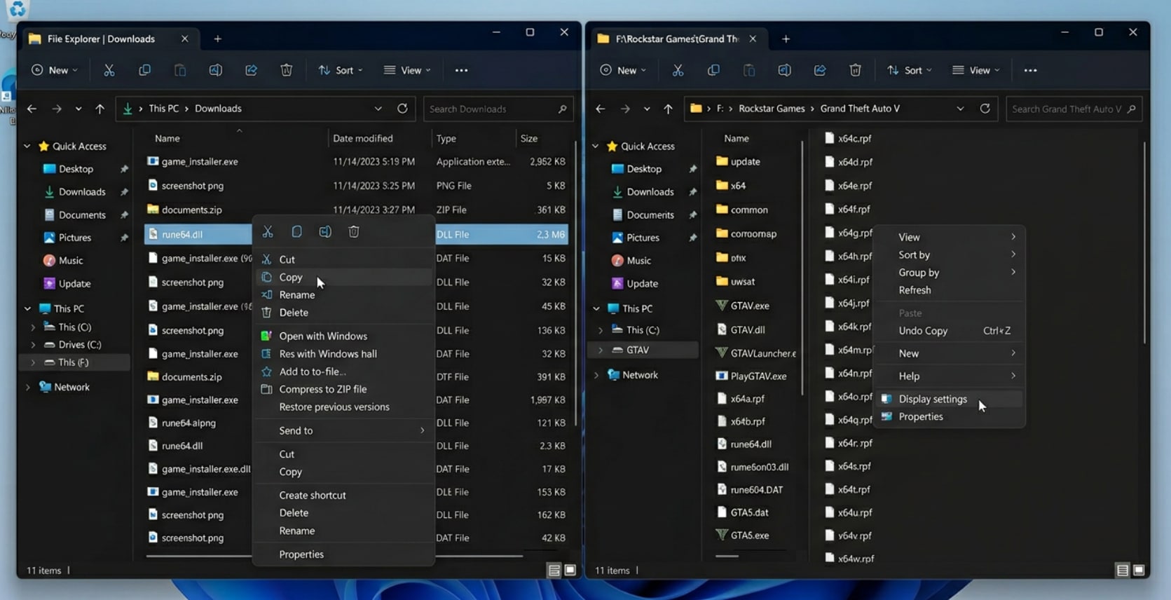 windows file explorer showing rune64.dll being pasted into gta 5 rockstar games installation folder