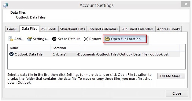 open the pst file location