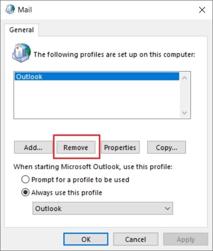 remove the current outlook profile