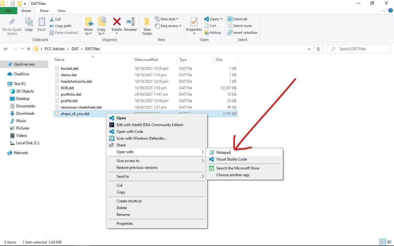 open dat file in notepad