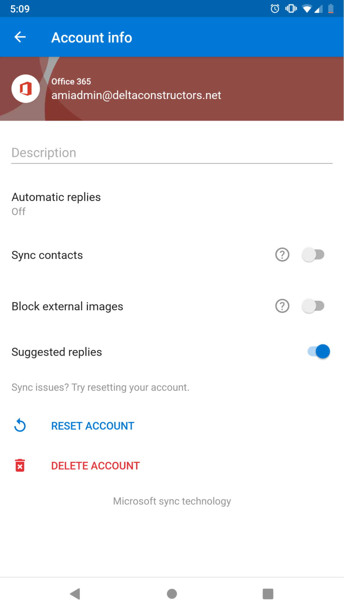 delete microsoft outlook account from android