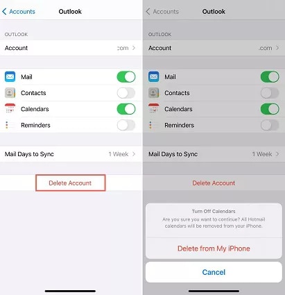delete microsoft outlook account from iphone