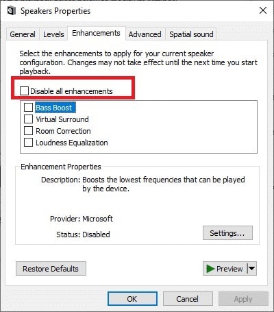 tick the disable all enhancements box