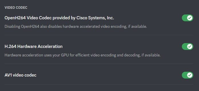 video codec settings