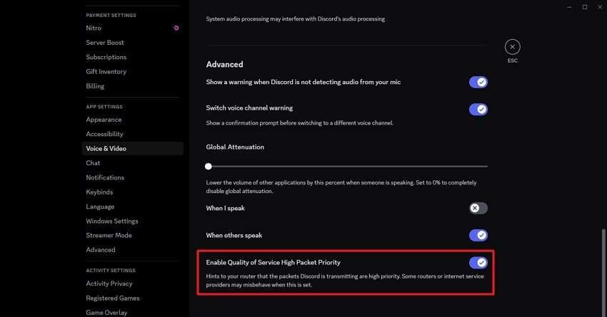 enable quality of service packet priority