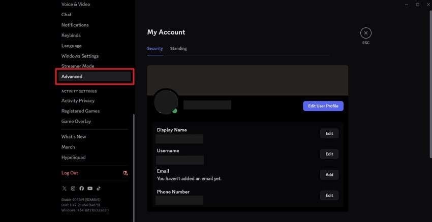 access discord advance tab
