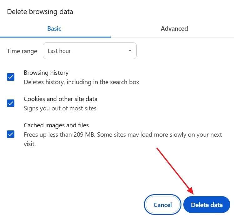 click the delete data button