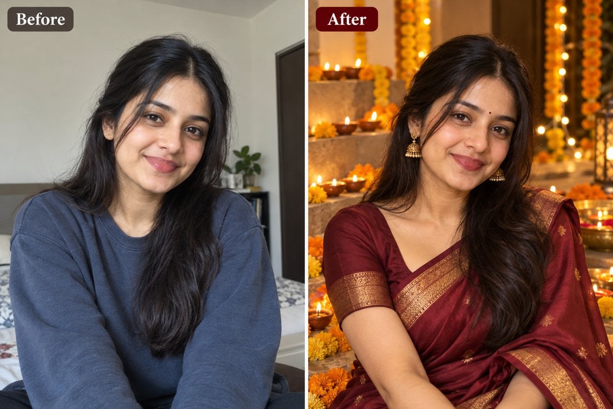 diwali maroon silk saree portrait before and after ai photo editing