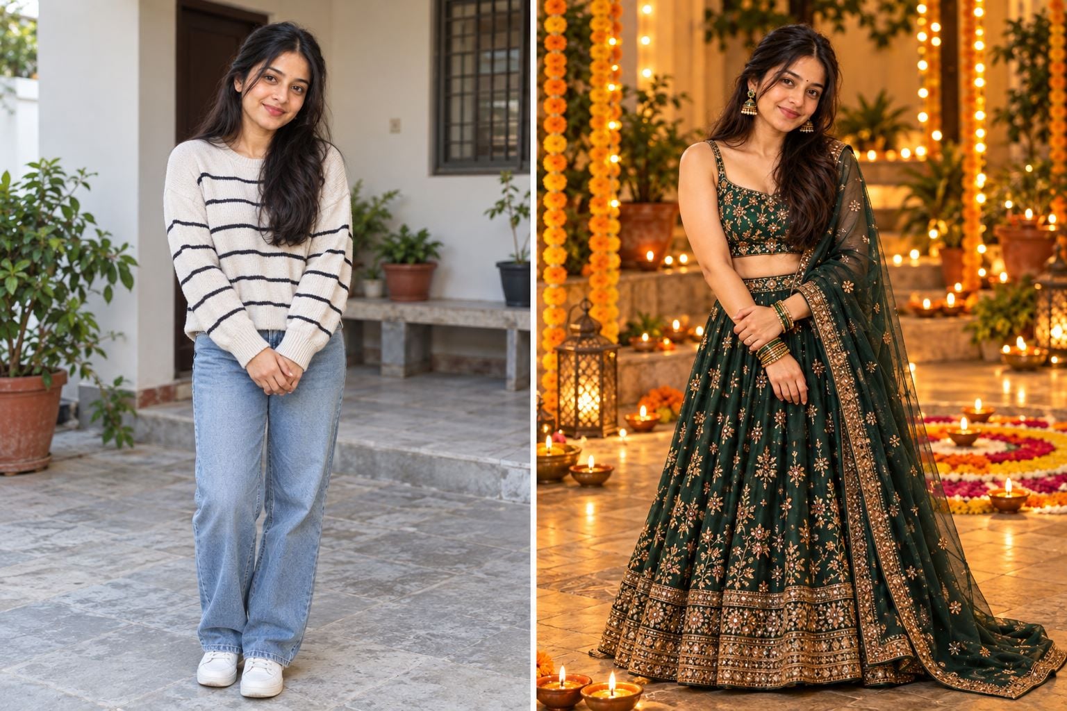 diwali emerald lehenga at golden hour before and after ai photo editing