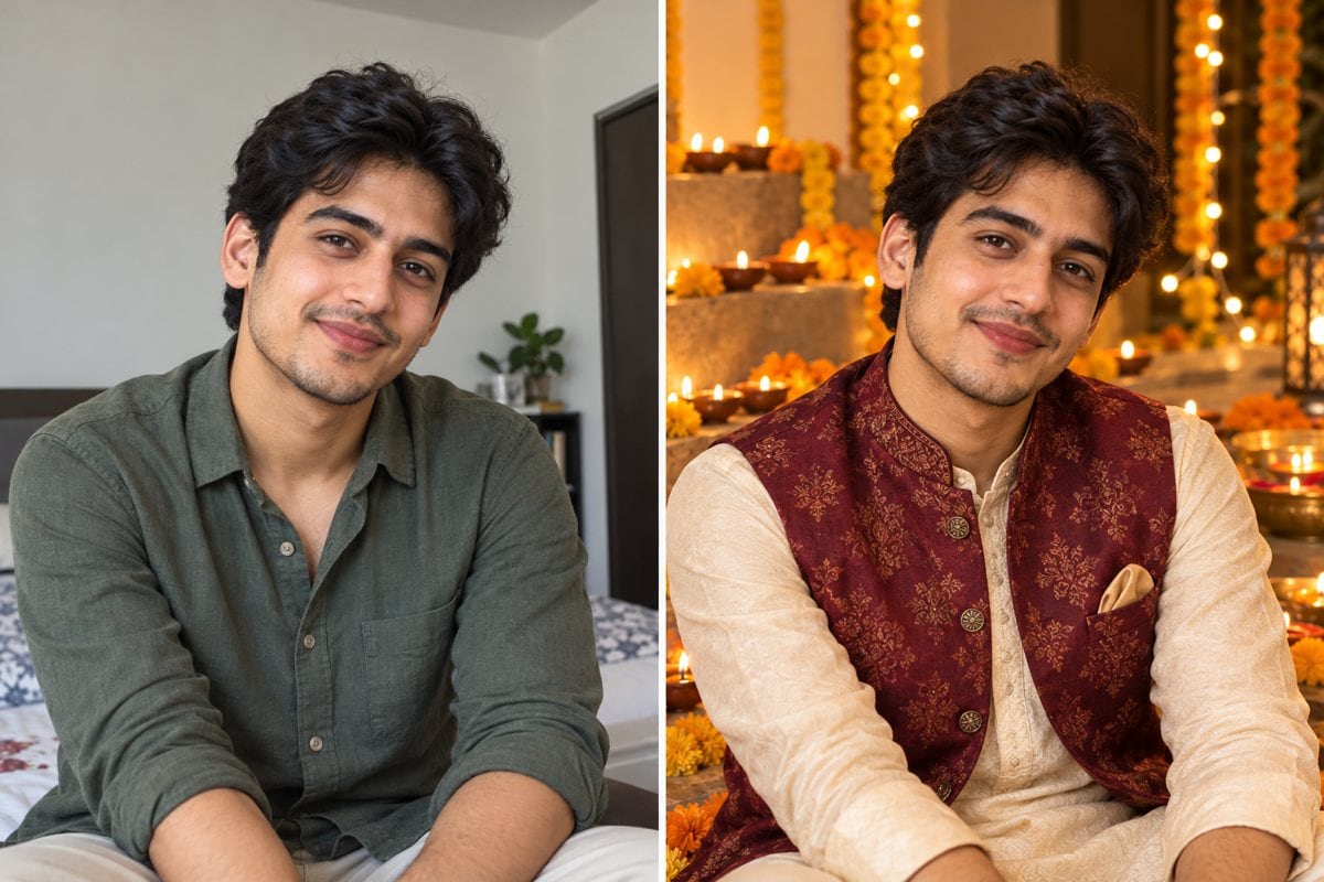 diwali kurta and nehru jacket portrait before and after ai photo editing