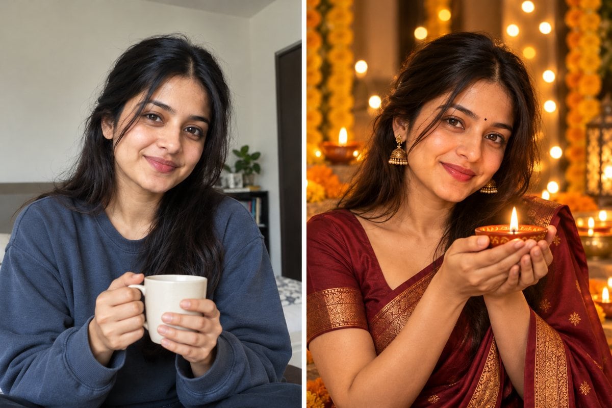 diwali diya close-up portrait before and after ai photo editing