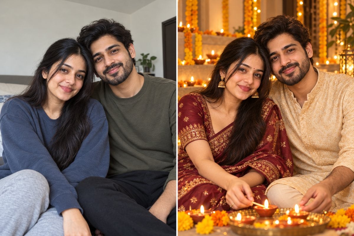 diwali couple lighting diyas before and after ai photo editing