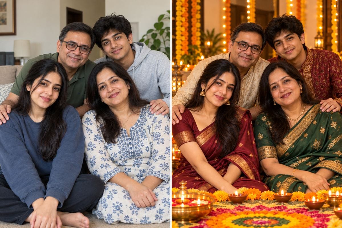 diwali family around rangoli before and after ai photo editing