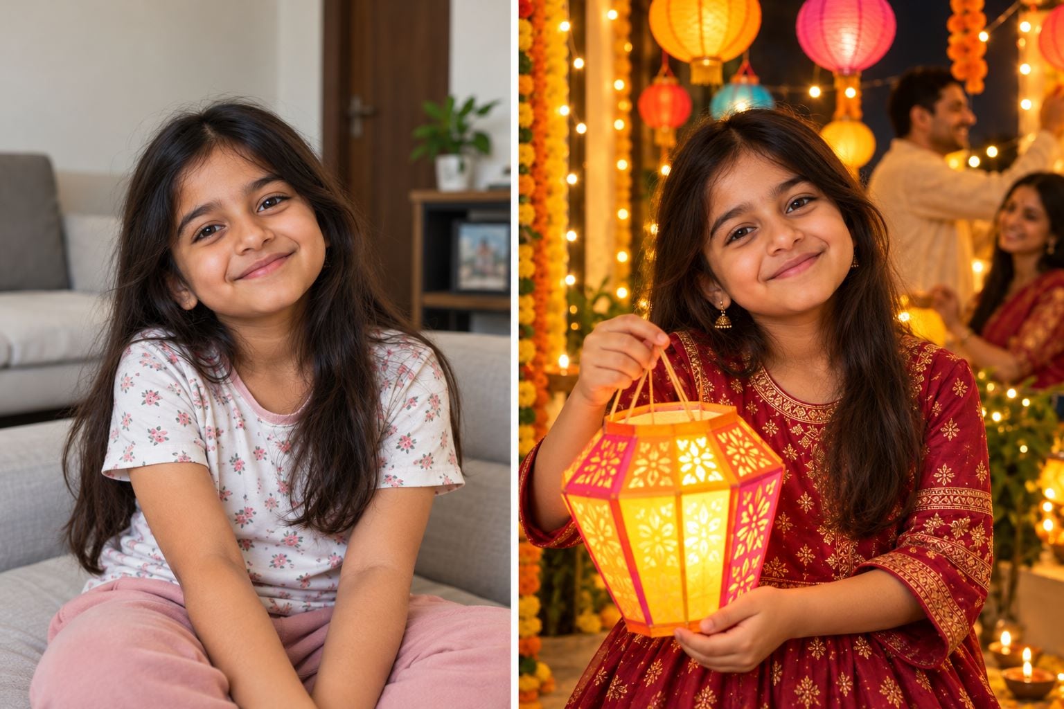 kids with festive lanterns before and after diwali ai photo editing