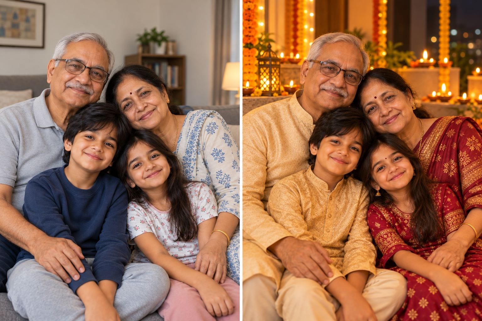 grandparents and grandchildren diwali family portrait before and after ai photo editing