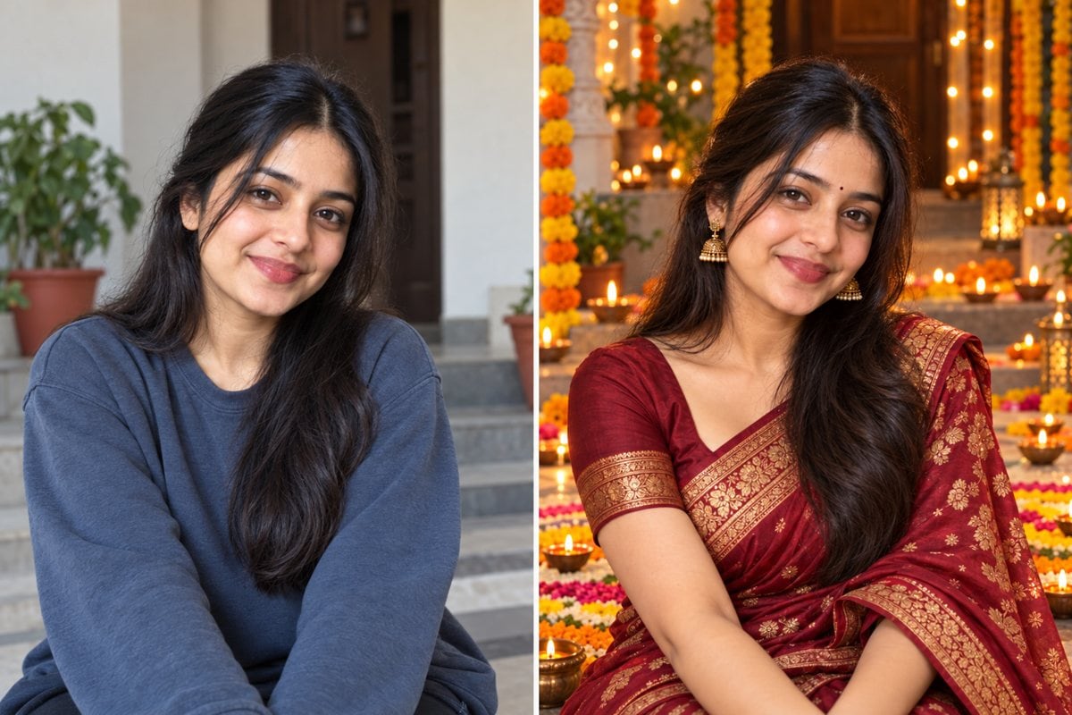 diwali rangoli courtyard before and after ai background editing