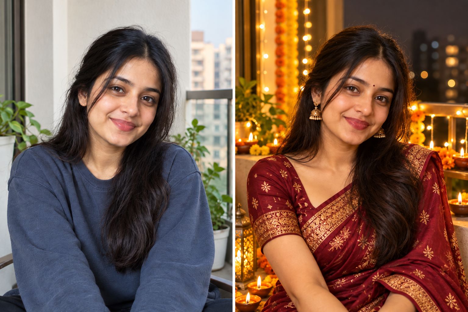 diwali balcony with golden string lights before and after ai photo editing