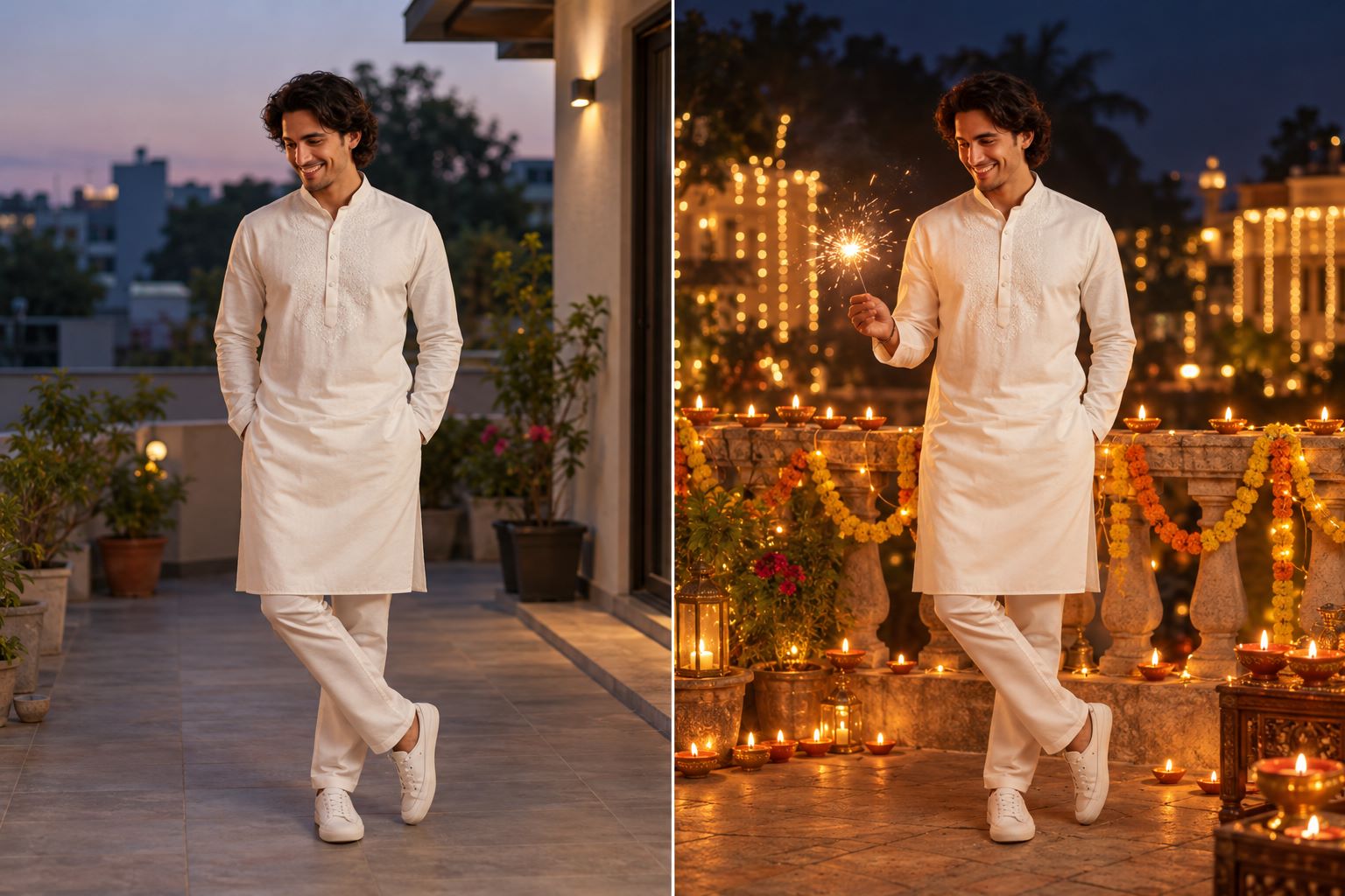 diwali fireworks portrait before and after AI photo editing