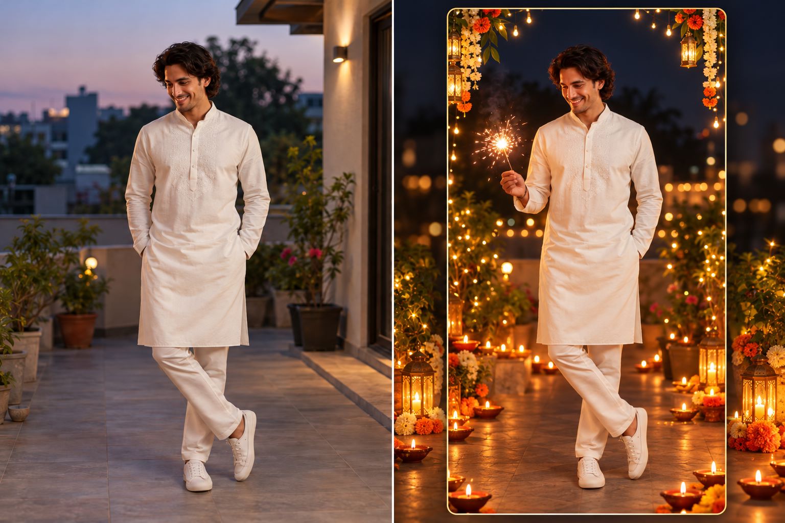 Traditional Diwali family portrait before and after AI photo editing