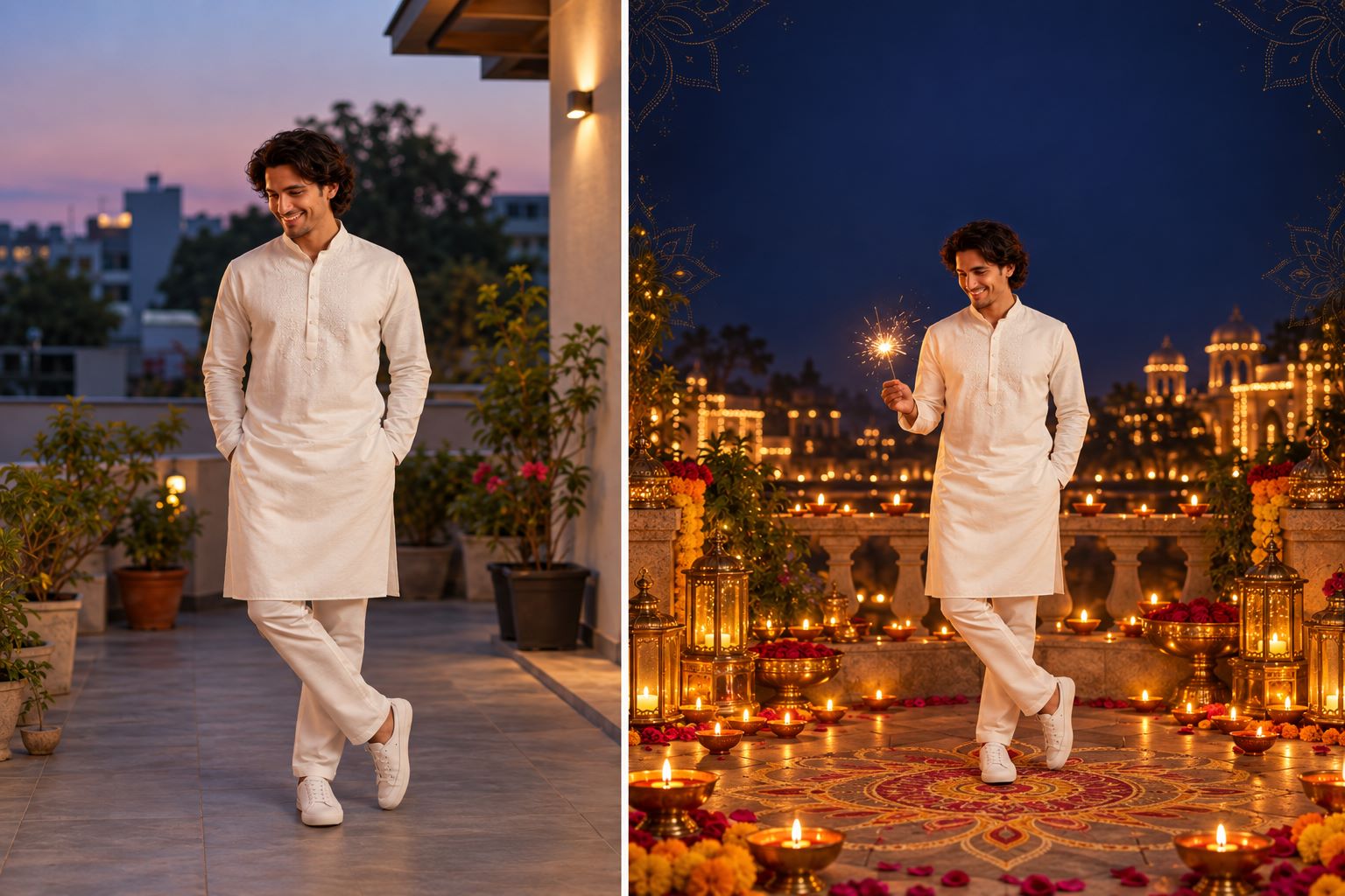 Diwali city lights portrait before and after AI photo editing