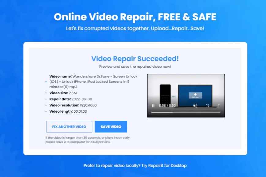 wondershare online video repair preview file