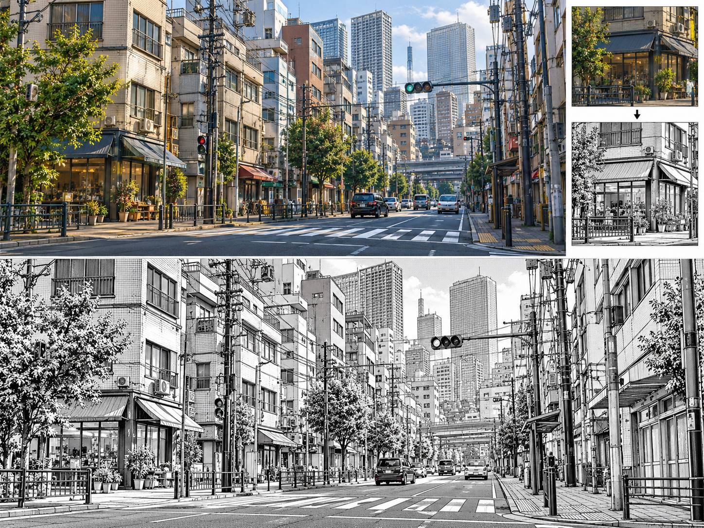 manga street background generated from a city scene in dokodemo rokehan