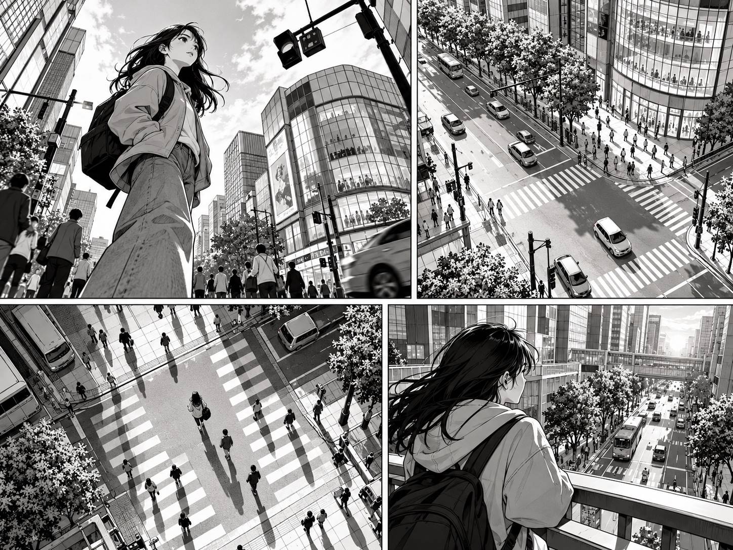 different camera angles used to plan manga city storyboards