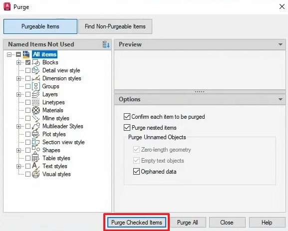 click purge checked items