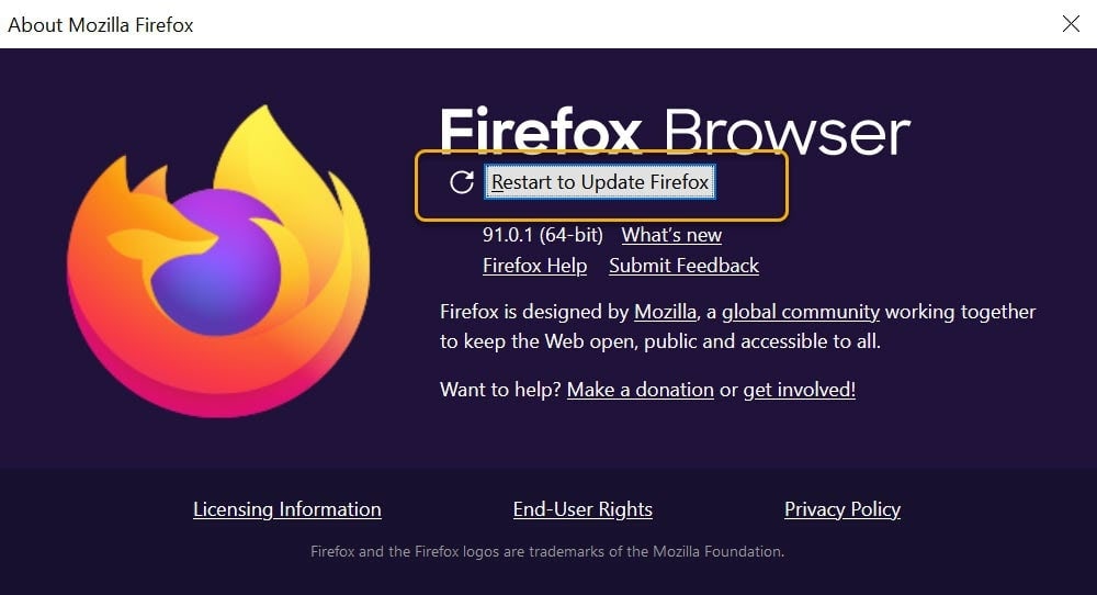 Riavvia Firefox