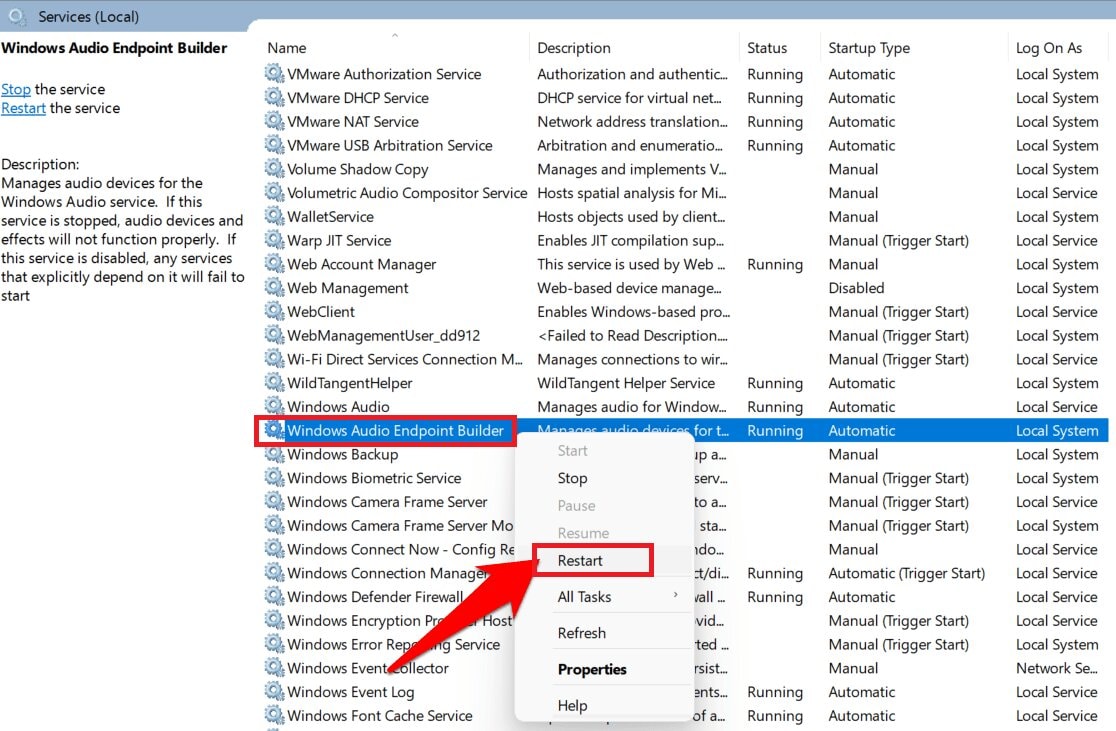 restart windows audio endpoint builder