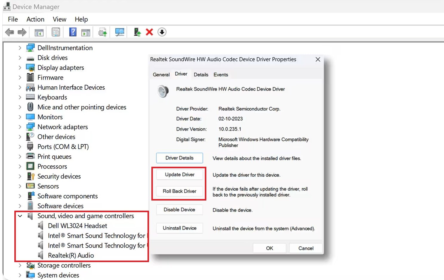 update or roll back driver