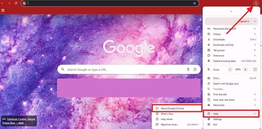 select about google chrome from help