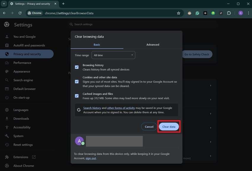 select browsing history to clear data