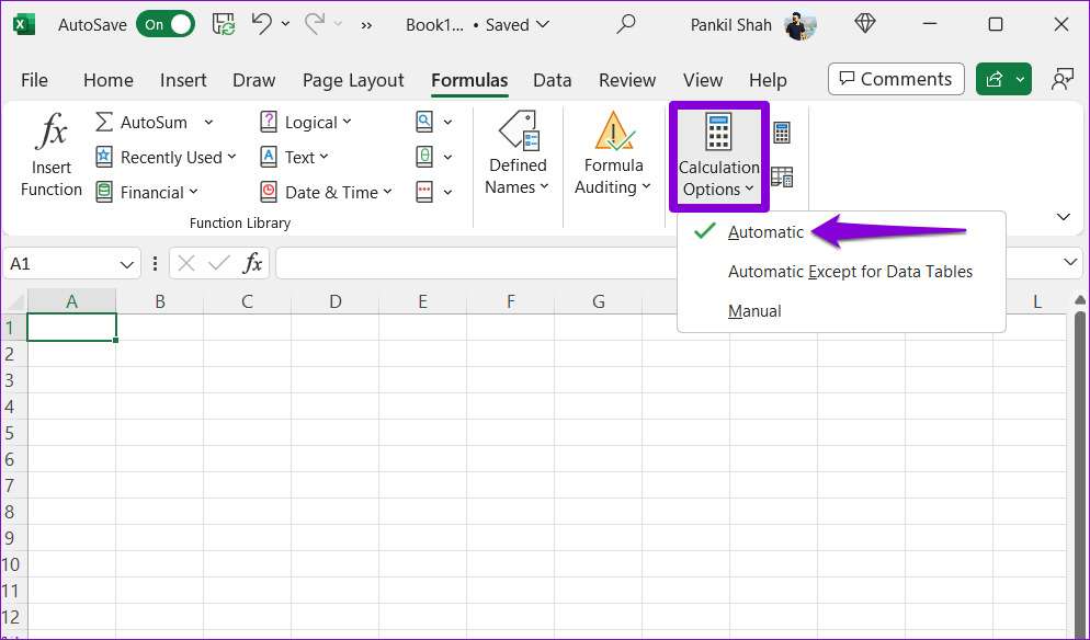 options de calcul excel