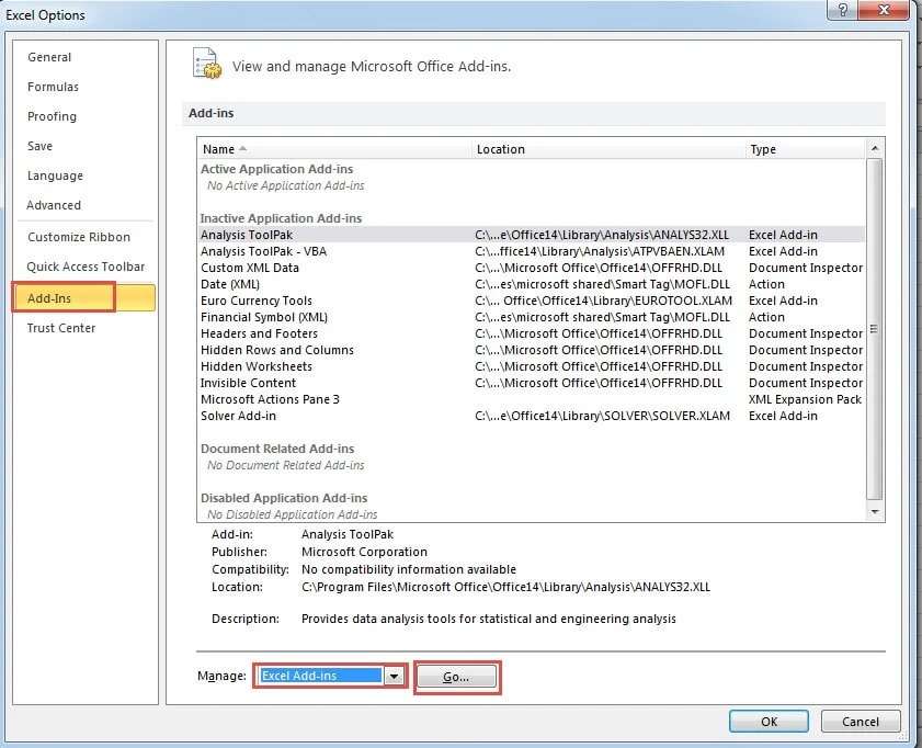 Désactivation des compléments d'information dans Excel