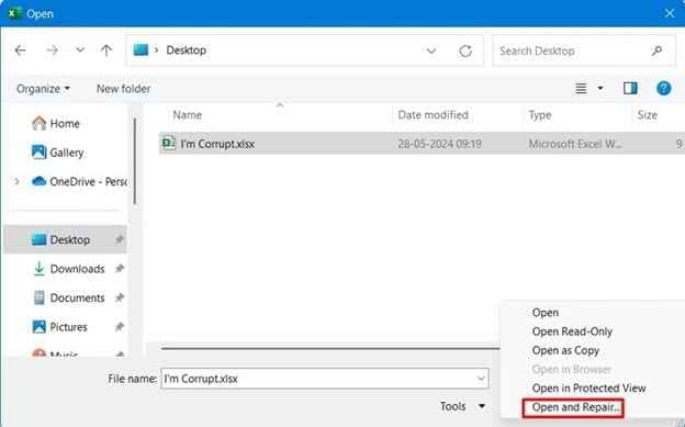 open and repair excel file