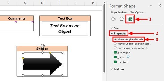 select move and size with cells under properties