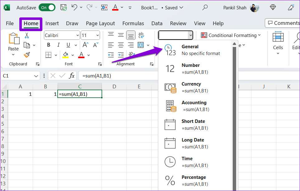 general formatting in excel