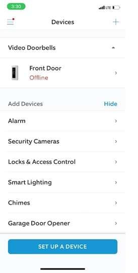 ring doorbell chimes setting interface