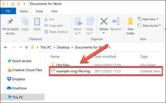 outlook file with the msg file extension