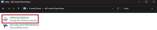 indexing options