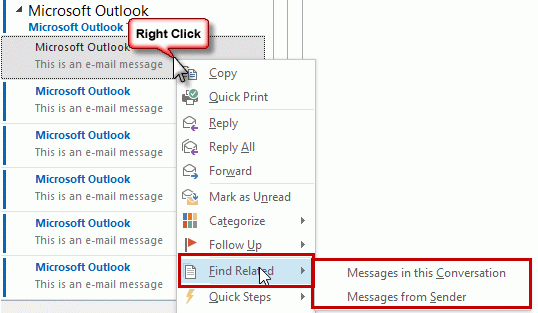 ricerca di messaggi correlati in outlook