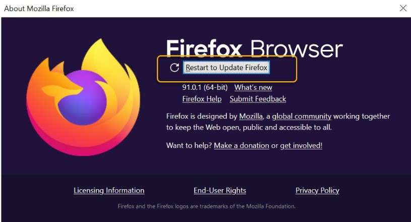 restart to update firefox